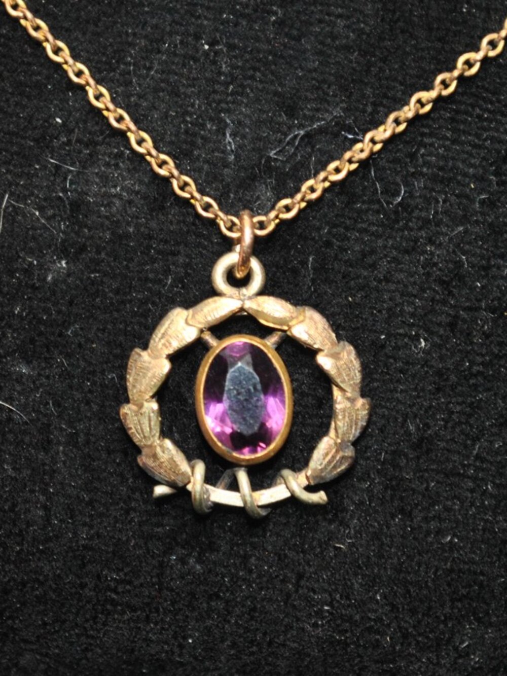Antique Edwardian Pendant with Laurel Leaves Border & Amethyst Glass